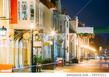 Parnu, Estonia. Night View Of Famous Ruutli Street With Old Buildings, Restaurants, Cafe, Hotels And 50537211