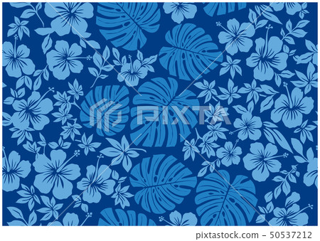 Monstera Pattern and Hibiscus Pattern Background Illustration Blue | Textiles Full Pattern Seamless 50537212