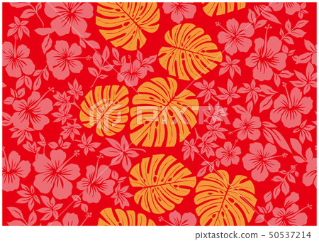 Monstera pattern and hibiscus pattern background illustration red | Textile Full pattern · Seamless 50537214