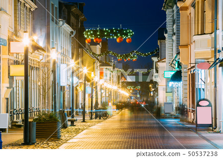 Parnu, Estonia. Night View Of Famous Ruutli Street With Old Buildings, Restaurants, Cafe, Hotels And 50537238
