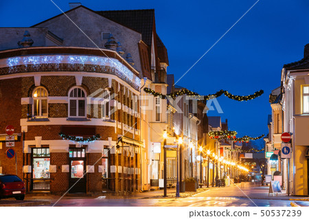 Parnu, Estonia. Night View Of Famous Ruutli Street With Old Buildings, Restaurants, Cafe, Hotels And 50537239