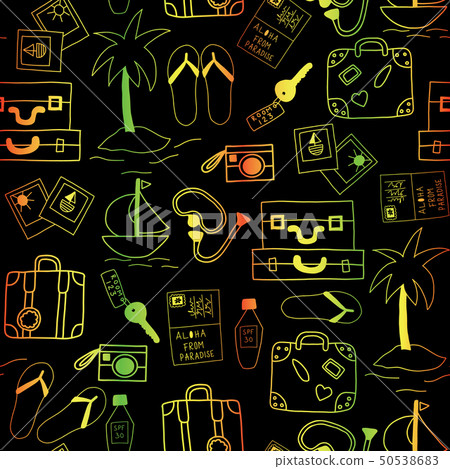 Summer vacation icons seamless vector background black and neon colors Summer vacation icons seamless vector background black and neon colors 50538683