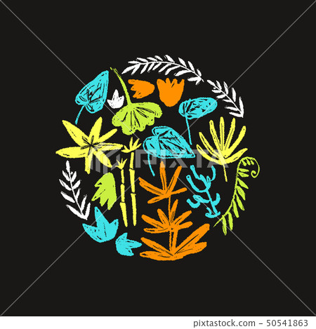 Vector round illustration with hand drawn textured prehistoric plants. Naive kid drawn style. Vector round illustration with hand drawn textured prehistoric plants. Naive kid drawn style. 50541863