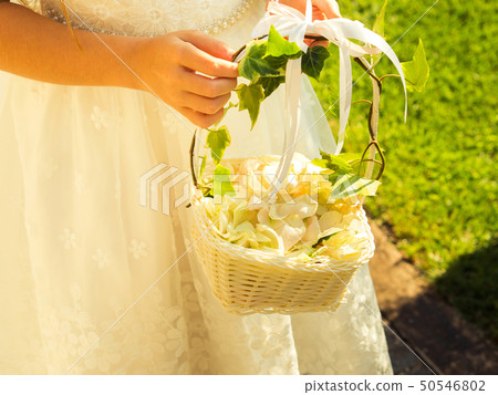 Flower girl in white dress with basket of petals 50546802