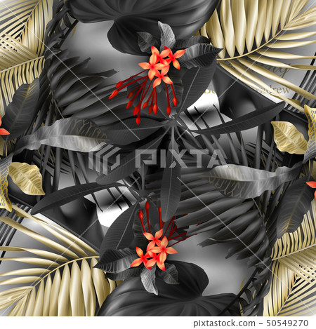 Tropical black and gold leaves on white background Tropical black and gold leaves on white background 50549270