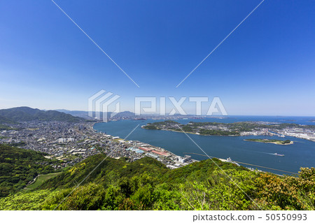 Mayu's clear Kanmon Channel, Soryu Island, Hikoshima, Kitakyushu urban area and the Sea of Japan viewed from the windside Mayu's clear Kanmon Channel, Soryu Island, Hikoshima, Kitakyushu urban area and the Sea of Japan viewed from the windside 50550993