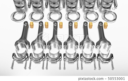 3D rendering. Engine bearing crankshaft with pistons and piston rings. 50553001