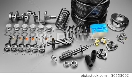 Auto parts spare parts car on the grey background. 3D rendering Auto parts spare parts car on the grey background. 3D rendering 50553002
