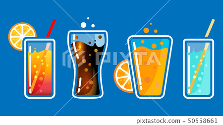 Different colored glasses with soda drinks with bubbles and tubes. Cocktail bar vector illustration. Different colored glasses with soda drinks with bubbles and tubes. Cocktail bar vector illustration. 50558661
