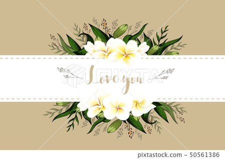 Wedding invitation card floral plumeria bouquet and lettering postcard template Wedding invitation card floral plumeria bouquet and lettering postcard template 50561386