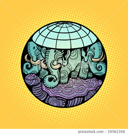 disc planet earth rests on an elephant, and a turtle 50562308
