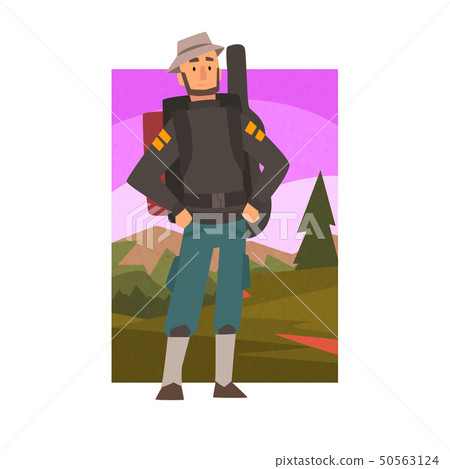 Bearded Man Hiking with Backpack, Male Traveller in Summer Mountain Landscape, Outdoor Activity 50563124