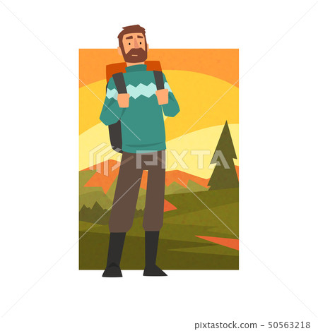 Bearded Man in Summer Mountain Landscape, Outdoor Activity, Travel, Camping, Backpacking Trip or Bearded Man in Summer Mountain Landscape, Outdoor Activity, Travel, Camping, Backpacking Trip or 50563218