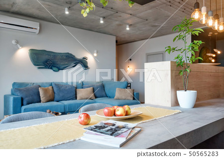 Minimalist modern living room with sofa in loft style flat. Modern loft with kitchen and living room Minimalist modern living room with sofa in loft style flat. Modern loft with kitchen and living room 50565283