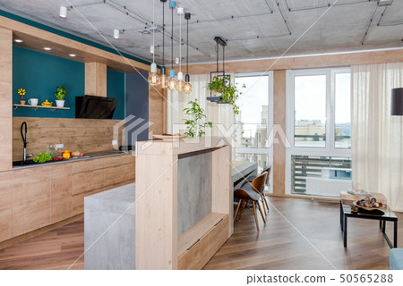 Minimalist modern living room with sofa in loft style flat. Modern loft studio with a kitchen and Minimalist modern living room with sofa in loft style flat. Modern loft studio with a kitchen and 50565288