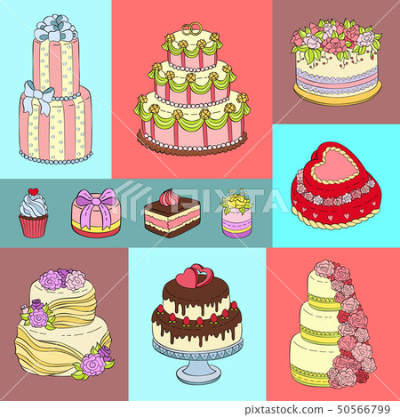 Wedding cake banner vector illustration. Chocolate and fruity desserts for sweet shop with fresh and Wedding cake banner vector illustration. Chocolate and fruity desserts for sweet shop with fresh and 50566799