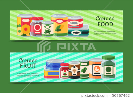 Canned food banner vector illustration. Vegetable product tinned container metal packaging. Soup 50567462