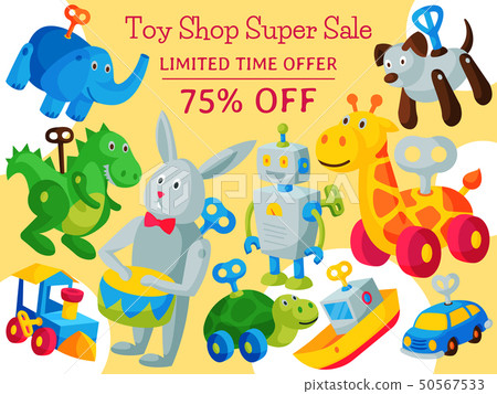 Vintage retro clockwork toy robot baby shop concept vector illustration. Antique key machine robotic 50567533