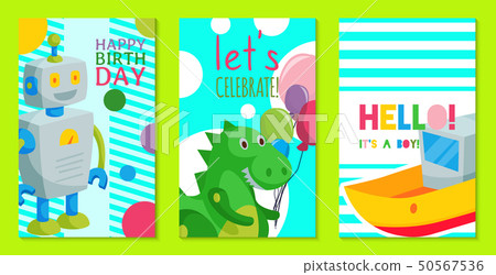 Vintage retro clockwork toy robot baby shower invitation concept vector illustration. Antique key 50567536