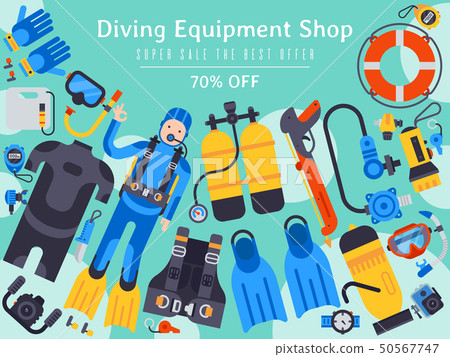 Underwater diving sport shop banner poster templates vector illustration. Water diving activity 50567747