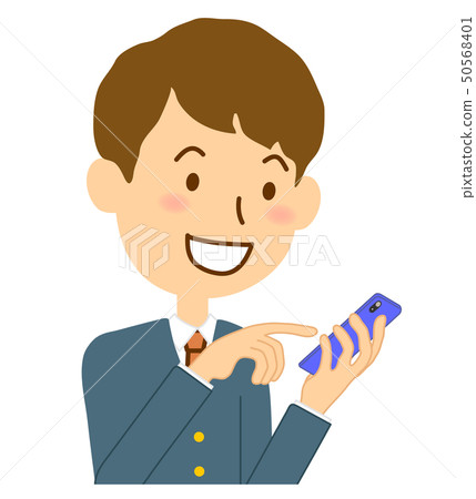 Screen operation smile uniform male junior high school student with smartphone left Screen operation smile uniform male junior high school student with smartphone left 50568401