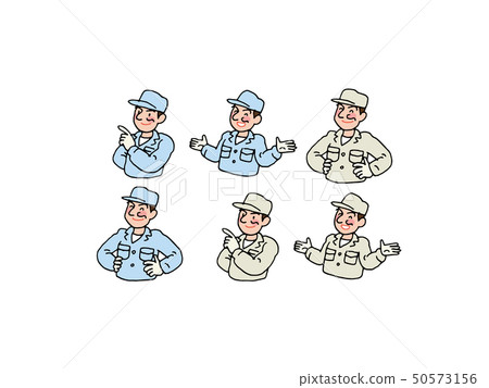 Worker pointing a finger, spreading a hand, putting a hand on the waist 50573156