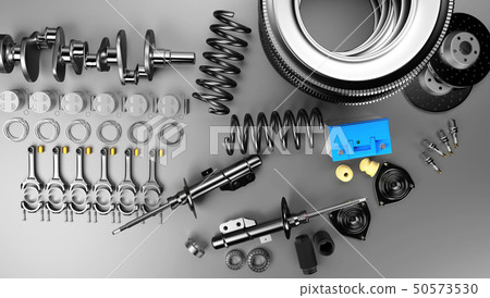 Auto parts spare parts car on the grey background. 3D rendering Auto parts spare parts car on the grey background. 3D rendering 50573530