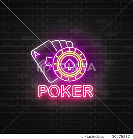Neon poker sign with playing cards and roulette 50576217