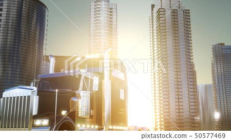 lorry truck and skyscrapers at sunset lorry truck and skyscrapers at sunset 50577469