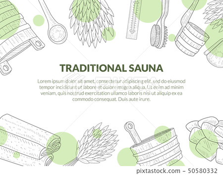 Traditional Sauna Poster, Banner with Place for Text and Hand Drawn Bath Accessories, Birch Broom Traditional Sauna Poster, Banner with Place for Text and Hand Drawn Bath Accessories, Birch Broom 50580332