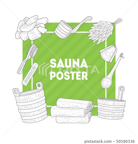 Sauna Poster, Banner with Hand Drawn Bath Accessories, Birch Broom, Bucket, Towel, Brush Sauna Poster, Banner with Hand Drawn Bath Accessories, Birch Broom, Bucket, Towel, Brush 50580336