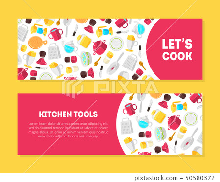 Lets Cook, Kitchen Tools Banner Templates Set with Place for Text and Cooking Utensils Pattern 50580372
