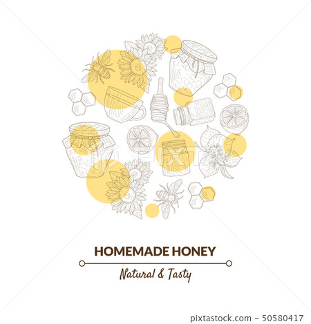 Organic Honey Banner Template with Hand Drawn Pattern in Circular Shape, Natural Sweet Healthy Food 50580417
