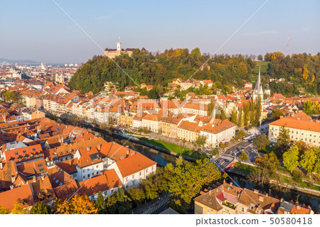 Cityscape of Ljubljana, capital of Slovenia in warm afternoon sun. 50580418