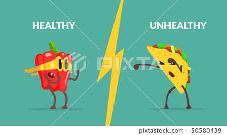 Healthy vs Unhealthy Food Banner Template, Strong Pepper Character Fighting with Tako, Healthy Food Healthy vs Unhealthy Food Banner Template, Strong Pepper Character Fighting with Tako, Healthy Food 50580439