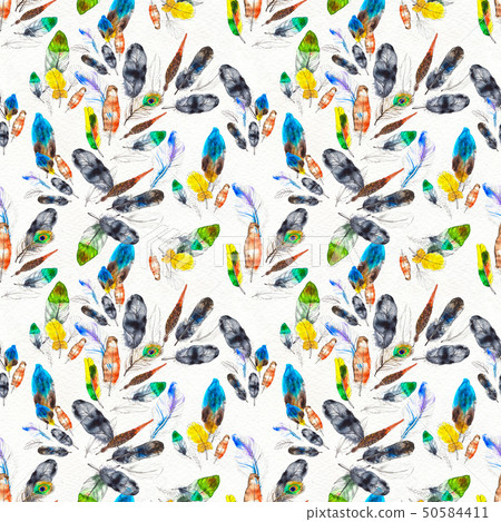 Watercolor feathers seamless pattern. Hand painted texture 50584411
