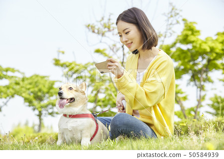 Wellness, puppy, walking, young woman 50584939