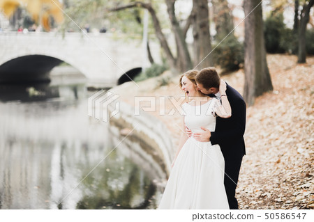 Beautiful romantic wedding couple of newlyweds hugging in park Beautiful romantic wedding couple of newlyweds hugging in park 50586547