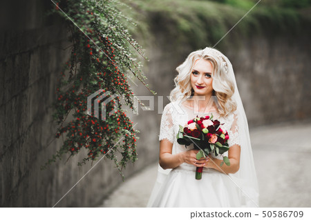 Beautiful luxury young bride in wedding dress posing in park Beautiful luxury young bride in wedding dress posing in park 50586709