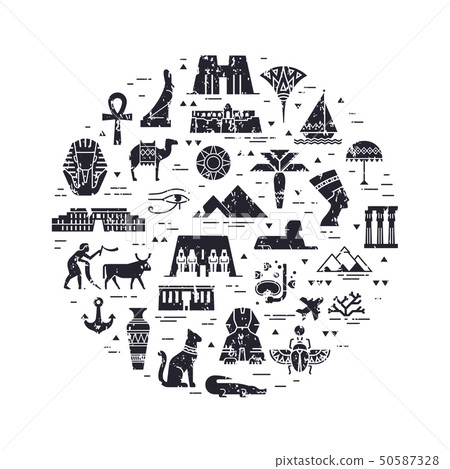 Monochrome circular design pattern of filled icons on the theme of sights and symbols of Egypt. 50587328