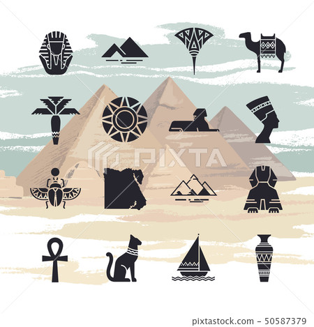 A large vector set of filled icons on the theme of the landmarks of Egypt 50587379