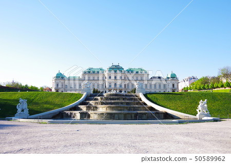 Distant view of the Belvedere Palace against the blue sky in Vienna Distant view of the Belvedere Palace against the blue sky in Vienna 50589962