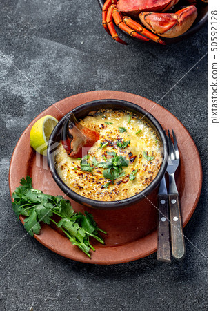 CHILEAN FOOD. Baked crabmeat crab meat with cheese, cream and bread. Traditional dish of chilean 50592128