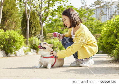 Wellness, puppy, walking, young woman 50596180