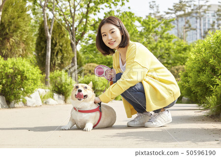 Wellness, puppy, walking, young woman 50596190