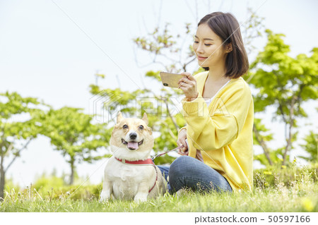 Wellness, puppy, walking, young woman Wellness, puppy, walking, young woman 50597166