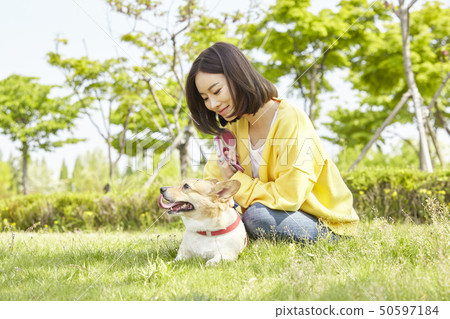 Wellness, puppy, walking, young woman Wellness, puppy, walking, young woman 50597184