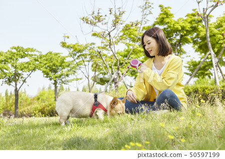 Wellness, puppy, walking, young woman Wellness, puppy, walking, young woman 50597199