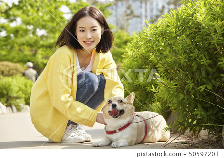 Wellness, puppy, walking, young woman Wellness, puppy, walking, young woman 50597201