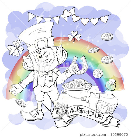 Funny leprechaun holding clover leaf like. 50599070